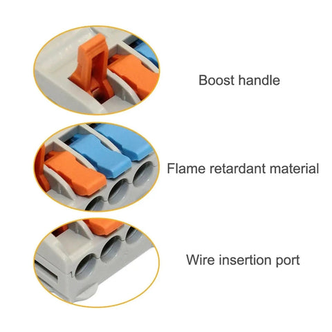 Heavy Duty Quick Push In Wire Connectors With Lever Operated Terminals For Fast Tool Free Splicing Solid Stranded Copper Conductors Flame Retardant Housing Rated 32A And 600V Perfect For Home Or Commercial Wiring Projects, orange lever close-up