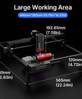 20W Laser Engraver A20 Pro V2 With Auto Air Assist And R8 Rotary Chuck, large working area dimensions displayed