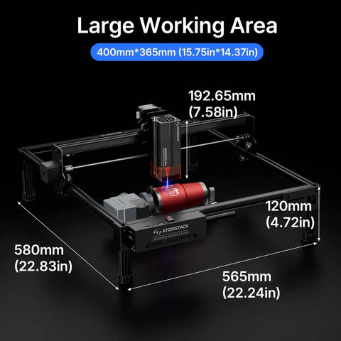 20W Laser Engraver A20 Pro V2 With Auto Air Assist And R8 Rotary Chuck, large working area dimensions displayed