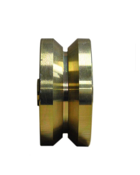 4-inch V-groove caster wheel, brass-tone metal, side view