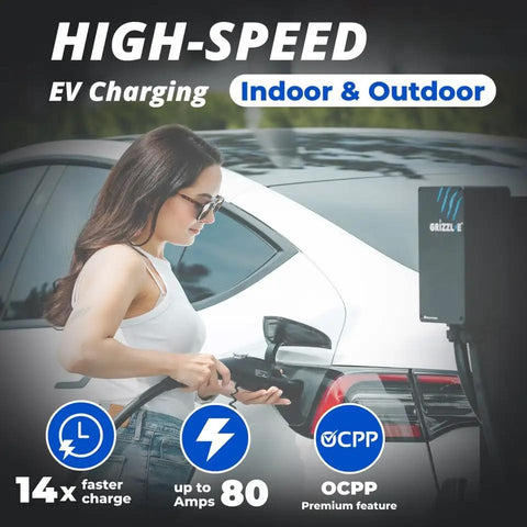 Heavy Duty Level Two Electric Vehicle Charger With A Badass Eighty Amp And Nineteen Point Two Kilowatt Rating Featuring Smart Wireless Connectivity Indoors Or Outdoors In A Tough As Nails Metal Housing And Twenty Five Foot Cord For Quick Nacs Connectors.