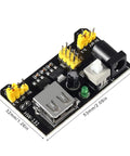 MB102 Solderless Breadboard Power Supply Module 3.3V And 5V With 700mA Output DC 6.5-12V Or USB, green LED, dimensions shown.
