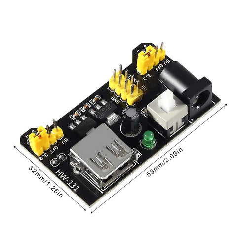 MB102 Solderless Breadboard Power Supply Module 3.3V And 5V With 700mA Output DC 6.5-12V Or USB, green LED, dimensions shown.