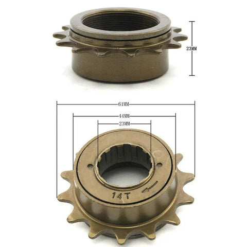 14-Tooth 34mm Single Speed Freewheel Flywheel Sprocket for Bicycles, steel, shown with dimensions, 14T marking visible