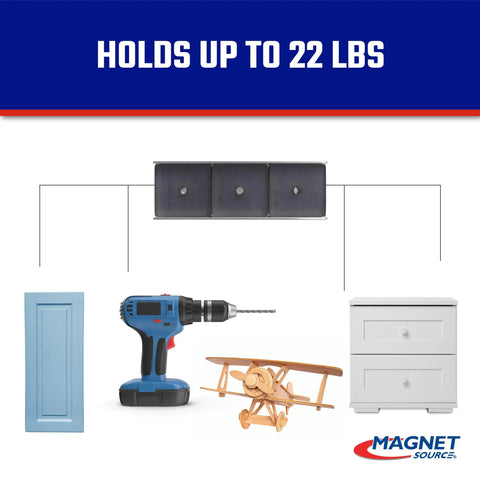 Ceramic Channel Magnets With Adhesive Backing, Rock-Solid 22 Lb Pull Each, illustrated holding cabinet, drill, toy plane, drawers
