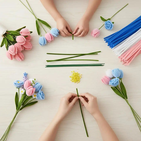 Heavy Duty Multicolor Chenille Stems for Flower Making and DIY Crafts 400 Count Thick Pipe Cleaners for Sturdy DIY Flowers Home Decor Kids And Adults Art Projects Blue, hands making pipe cleaner flowers