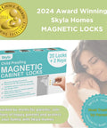 Skyla Homes Magnetic Locks box for Child Proofing with mother holding baby, award-winning design. Focus keyword: Magnetic Cabinet Locks For Baby Proofing And Child Safety No Screws Or Tools Needed Easy Install With 3M Adhesive 12 Pack With 2 Keys Multi Purpose Latches For Cabinets Drawers And More.
