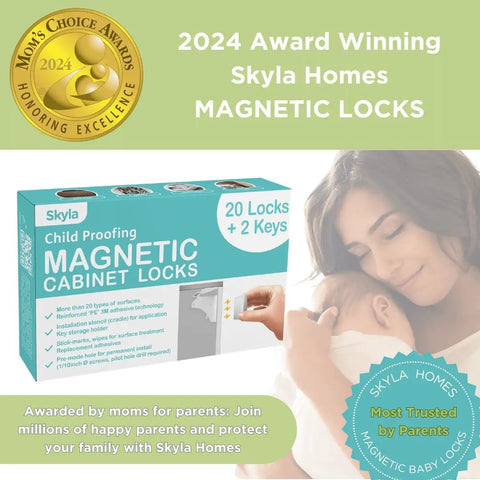 Skyla Homes Magnetic Locks box for Child Proofing with mother holding baby, award-winning design. Focus keyword: Magnetic Cabinet Locks For Baby Proofing And Child Safety No Screws Or Tools Needed Easy Install With 3M Adhesive 12 Pack With 2 Keys Multi Purpose Latches For Cabinets Drawers And More.