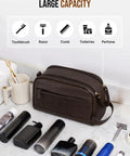 Built Tough PU Leather Toiletry Bag For Men, Big Time Capacity Travel Dopp Kit, Dark Brown Gym Essential For Locker Racks.