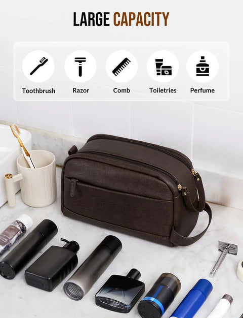 Built Tough PU Leather Toiletry Bag For Men, Big Time Capacity Travel Dopp Kit, Dark Brown Gym Essential For Locker Racks.