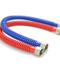 Easy Install No Kink Flexible Stainless Steel Corrugated Water Heater Connector With Color Coded Hot And Cold Lines 3/4 Inch FIP To 3/4 Inch FIP 24 Inch Length Leak Free Durable Plumbing Hose 2 Pack showing blue and red coded lines