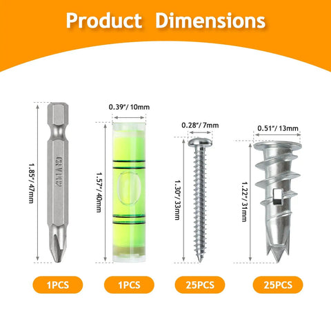 Product Dimensions of Built Tough Heavy Duty Zinc Alloy Drywall Anchors With Self Drilling Screws, showcasing tool sizes.