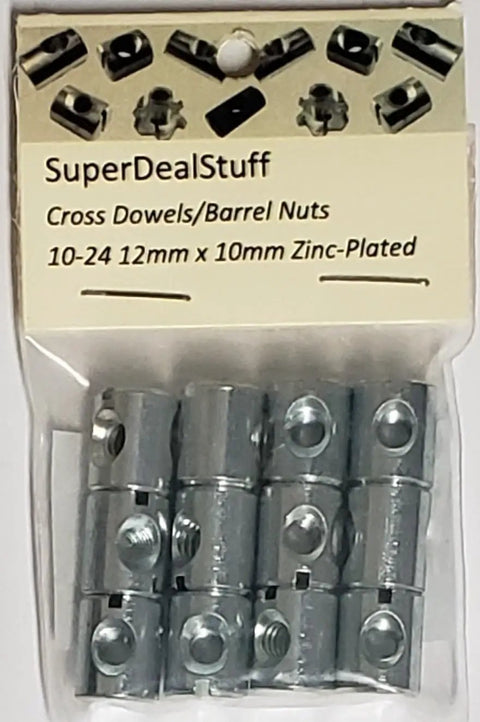 12 Pack Cross Dowels Barrel Nuts 12mm By 10mm Zinc Plated 10-24 Thread CNC Steel Hardware in packaging