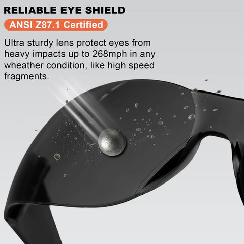 Tinted Safety Glasses 80 Pack Bulk ANSI Z87.1 UV Protection Eyewear For Men And Women, showing impact resistance with debris.