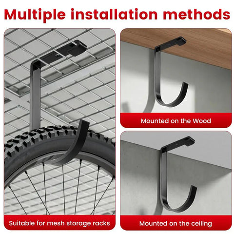 Heavy Duty Bike Hooks For Garage Ceiling Mount Rack Six Pack Add On Storage Flat Hook Accessory installed on racks