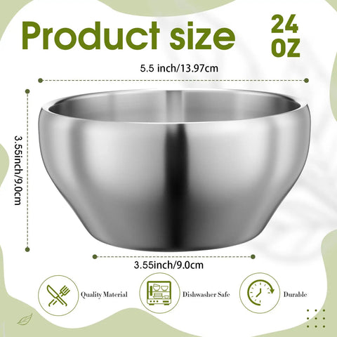 Heavy Duty Double Insulated Stainless Steel Mixing Bowls 12 Piece Bulk Set 24 Oz shown with dimensions of 5.5 inches by 3.55 inches.