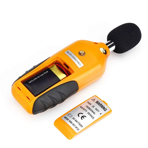 Back view of Digital Sound Level Meter With Backlight 30-130 dB Range Data Hold MAX/MIN Auto Power Off Dual Ranges HT-80A showing battery slot.