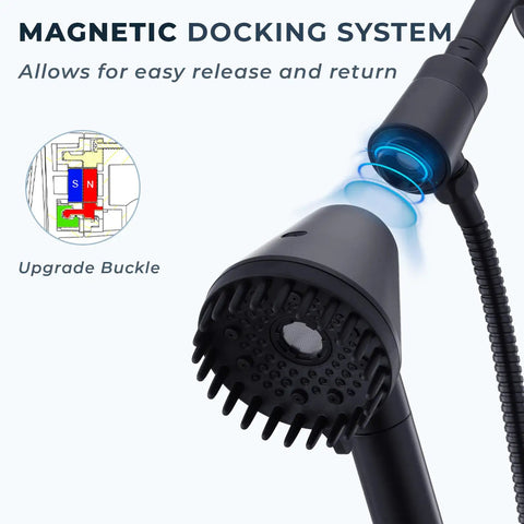 Magnetic Docking Handheld Shower Head With High Pressure Power Wash Mode Chlorine Removal Massage, matte black on magnetic dock.