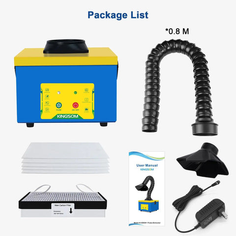 Compact Desktop Solder Fume Extractor With 2 In 1 Filter, hose, filters, user manual, and power adapter package