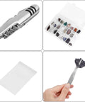Complete Geology Rock Kit With 28 Oz Rock Hammer And 12 Inch Mason Chisel showing tweezers, multi tool knife, case, and storage bag