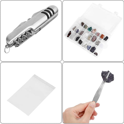 Complete Geology Rock Kit With 28 Oz Rock Hammer And 12 Inch Mason Chisel showing tweezers, multi tool knife, case, and storage bag