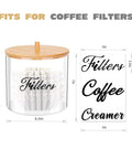 Clear coffee filter holder with bamboo lid, fits large coffee filters, showing measurements of 6.5x5.5 inches.
