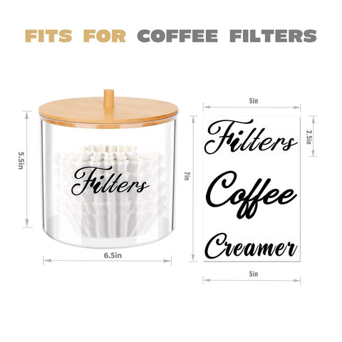 Clear coffee filter holder with bamboo lid, fits large coffee filters, showing measurements of 6.5x5.5 inches.