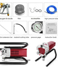 Professional Airless Paint Sprayer Powered By 1800W High Pressure Motor With Dial Meter Pushing 1.8 Liter Per Minute Through W517 Tip components and accessories shown.