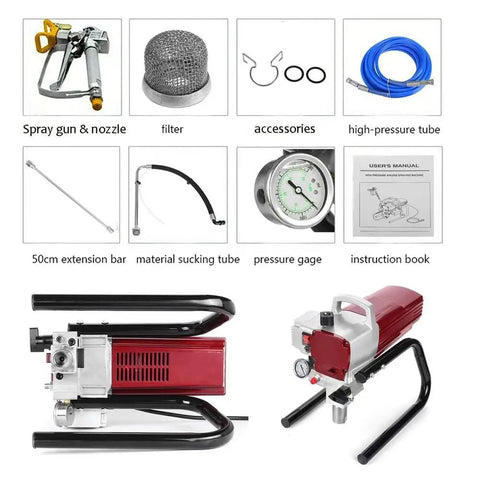 Professional Airless Paint Sprayer Powered By 1800W High Pressure Motor With Dial Meter Pushing 1.8 Liter Per Minute Through W517 Tip components and accessories shown.