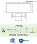 Diagram showing dimensions of Sleek Mid Century Modern 16 Inch Two Light Wall Sconce In Cool Brass Gold Finish With Black Fabric Shade