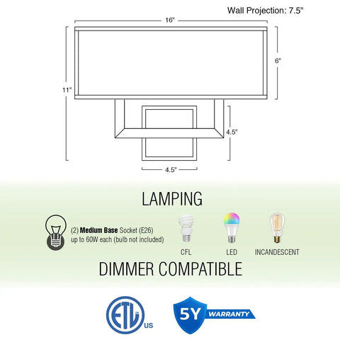 Diagram showing dimensions of Sleek Mid Century Modern 16 Inch Two Light Wall Sconce In Cool Brass Gold Finish With Black Fabric Shade