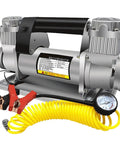 Kick Serious Fluid With This Straight Up Heavy Duty Electric Submersible Pump Built To Run Smooth On 12V Or 24V Power While Functioning As A Whisper Quiet Auto Air Compressor And Grit Proof Sump Pump, yellow hose, clamps, and pressure gauge.