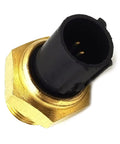 Coolant water temperature sensor switch with brass threaded body, black plastic housing, and two pins (front view).