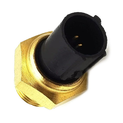 Coolant water temperature sensor switch with brass threaded body, black plastic housing, and two pins (front view).