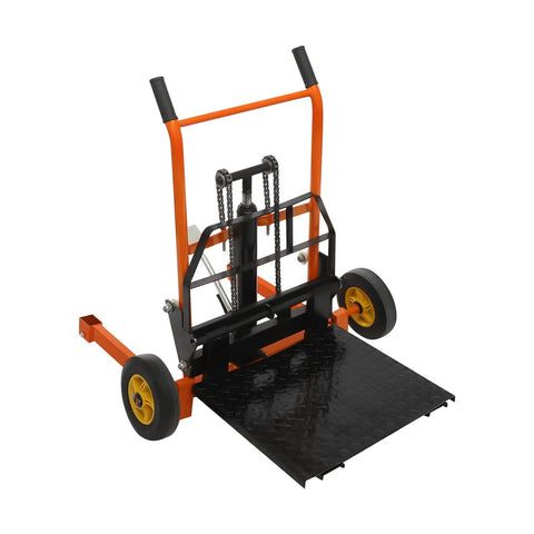 Hydraulic Pallet Jack With Adjustable Forks For Quick Lifts, Heavy Duty Material Lift Dolly in tangerine finish with wheels