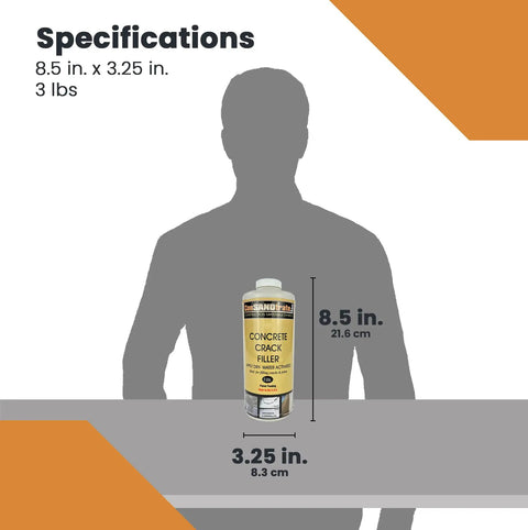 Concrete Crack Filler Gray 3 Lb Polymer Based Sealant in front of silhouette, showing packaging size and dimensions.