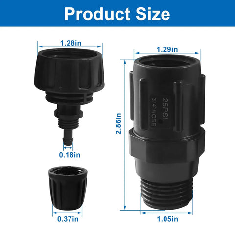 Drip Irrigation Faucet Adapter Kit With 25 PSI Pressure Regulator showing product size dimensions.