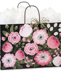 Moonlit Blooms Floral Paper Shopping Bags Vogue Size 16x6x12 Inches 200 Pack Pink White Flowers With Green Leaves Recycled