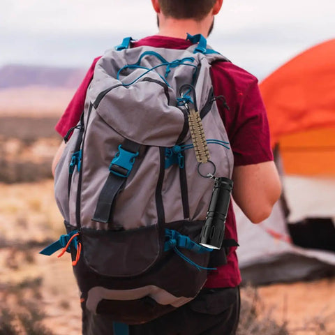 Person with backpack showcasing Six Pack Paracord Keychains With Carabiner Clip And Braided Lanyard For Keys Backpacks And Outdoor Gear