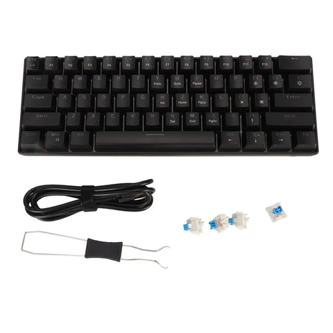 Badass Portable 61 Key Mechanical Gaming Keyboard With Vivid Led Backlight Ultra Compact 60 Layout Usb C Cord Responsive Switches, with detachable type C cable and switches.