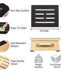 Diagram and features of sturdy wooden step stool for adults and seniors with non-slip rubber tread, 5.5 inch rise, 450 lbs capacity