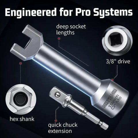 Heavy Duty Five Piece Strut Channel Socket Set For One Half Inch Drive With Quick Change Adapter showing deep socket and hex shank.