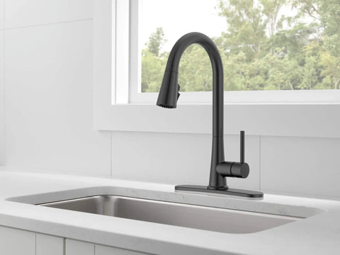 Precept Pull-Down Kitchen Faucet, 1.5 GPM, Matte Black Finish, fits 1- or 3-hole installations, in a modern kitchen setting