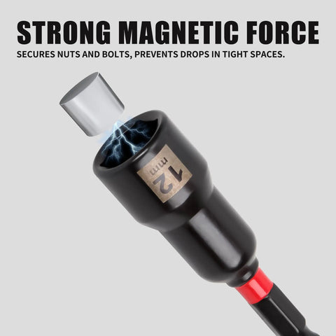 Close-up of 12mm nut driver from 21 Piece Magnetic Nut Driver Set With One Quarter Inch Drive Must Have All In One Kit Metric And SAE Nut Drivers Impact Socket Adapters Quick Release Bit Holder And Durable Storage Bag For Easy Organization, showing strong magnetic force.