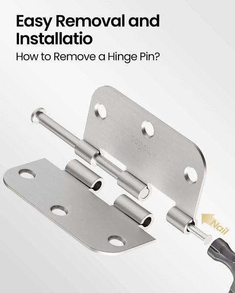 Close-up view of brushed nickel door hinge with removable pin, 12 Pack Brushed Nickel Door Hinges 3.5 Inch Rounded With 5/8 Radius installed