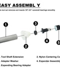 BTSHUB cam bearing tool set exploded view with 5 parts: shaft extension, centering cone, washer, expander, adapter