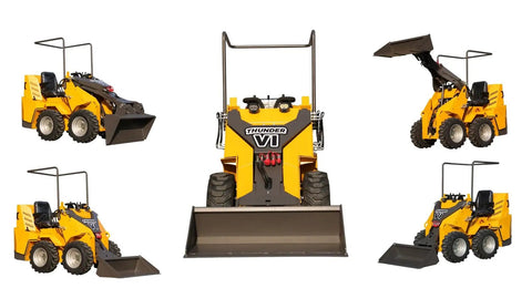 Thunder VI 23.5HP EPA Gas Engine Wheel Loader showcasing multiple angles and bucket loader capability.