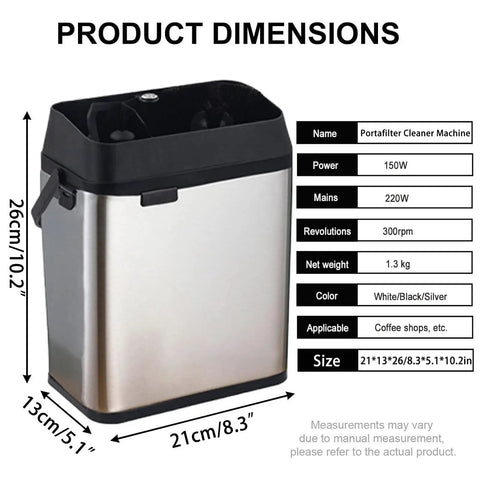 Automatic Portafilter Cleaner And Electric Knock Box Set With Two 58 Mm Scrapers And Pro Brush For Slick Daily Espresso Care and No Stress Backyard Barista Setup In Silver dimensions and specifications display.