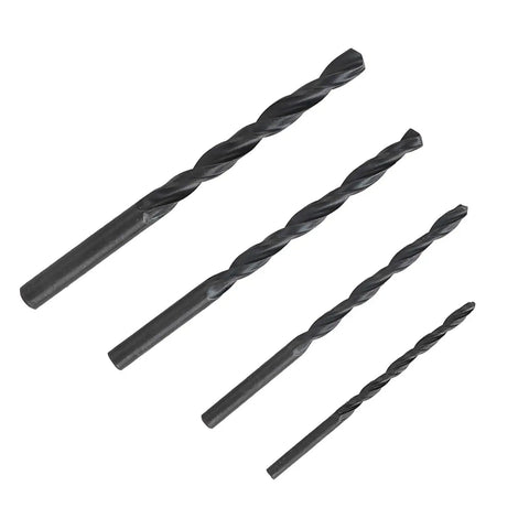 Four drill bits from 32Piece Pro Grade Drill Bits And Socket Set With Stainless Steel Heads, varying sizes, shown on white background.