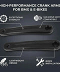Two high-performance crank arms for BMX & e-bikes, mid-drive motor compatible, exceptional strength, black alloy design.